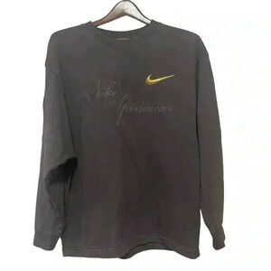 NIKE  Womens Dk Gray crew sweatshirt gold logo embellished top stitch patch Sz M